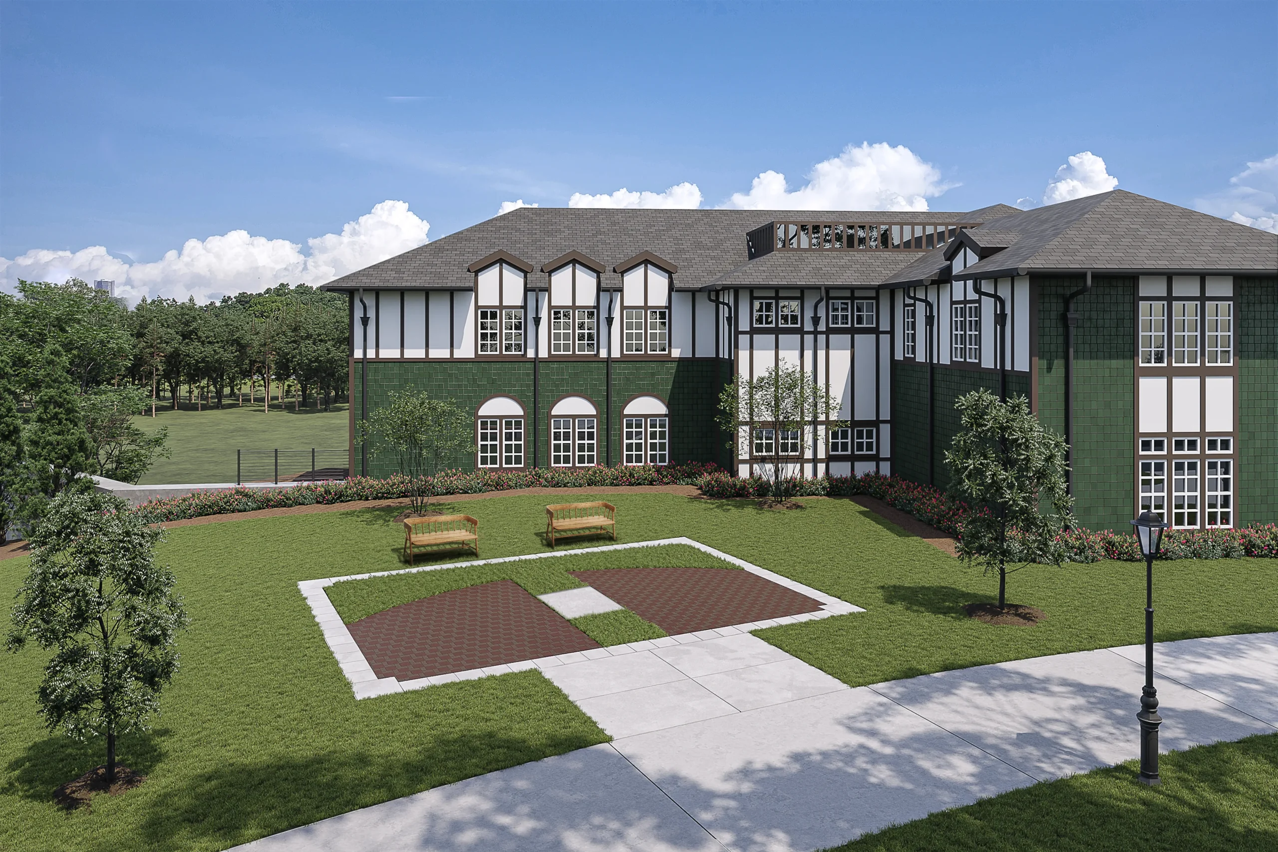 This is an exterior rendering of the Bobby Jones Golf Course Memorial Plaza