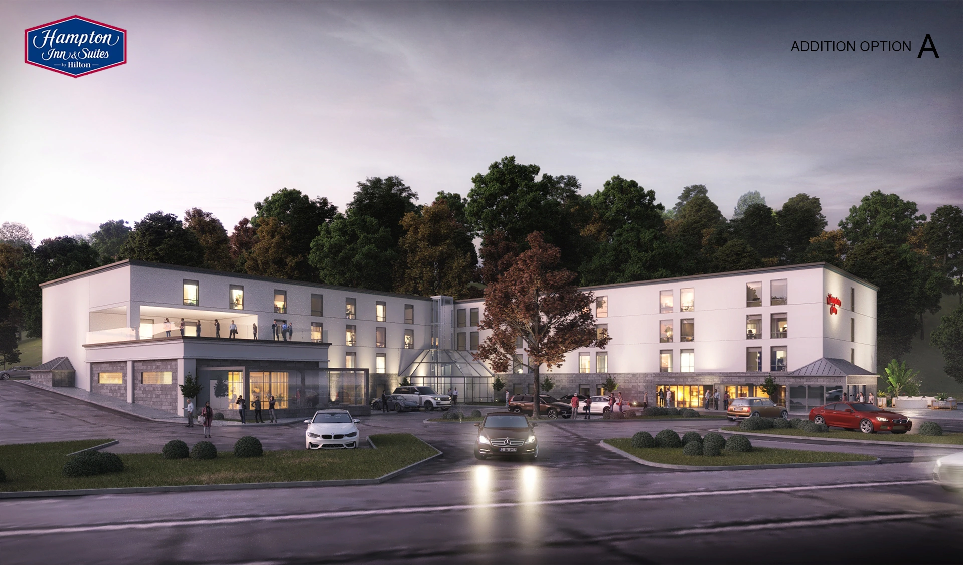 This is an exterior rendering of the Hampton Inn Night