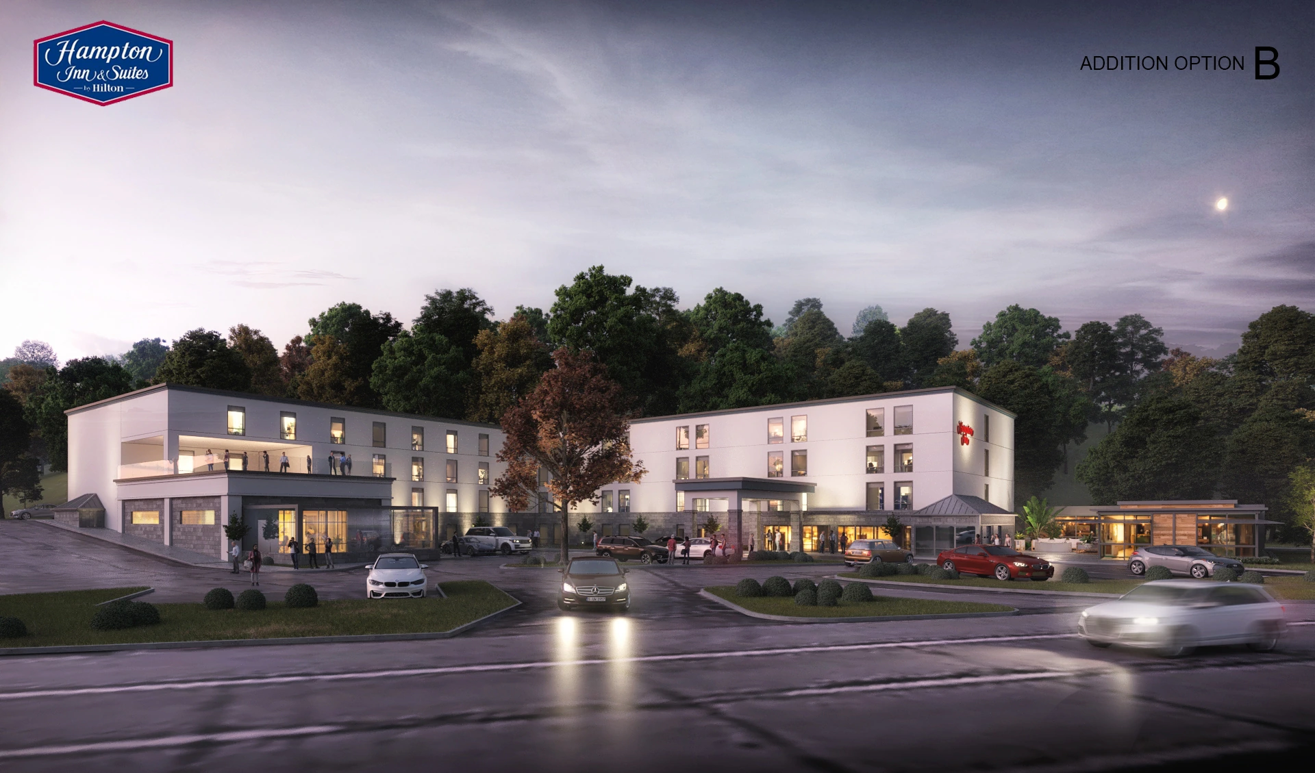 This is an exterior rendering of the Hampton Inn Night