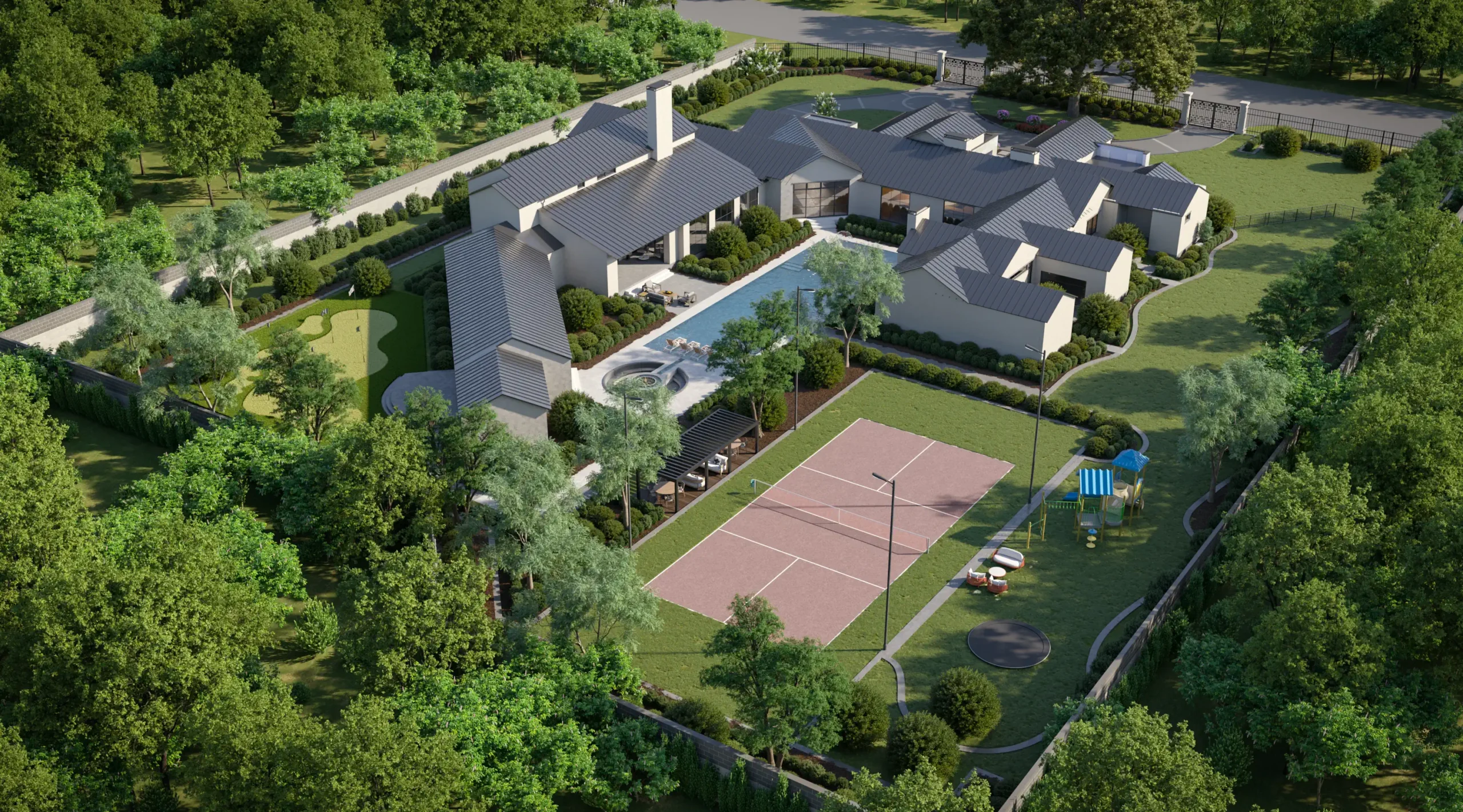 This is an exterior rendering of the HollowWay Rear Aerial view project