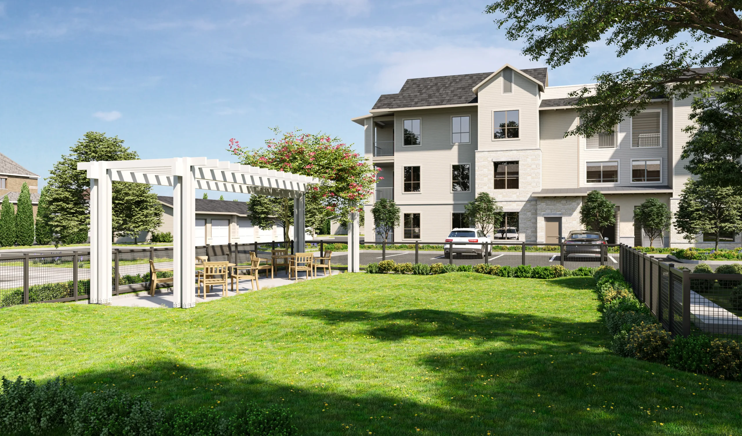This is an exterior rendering of the HuttoApts Dog Park projetc