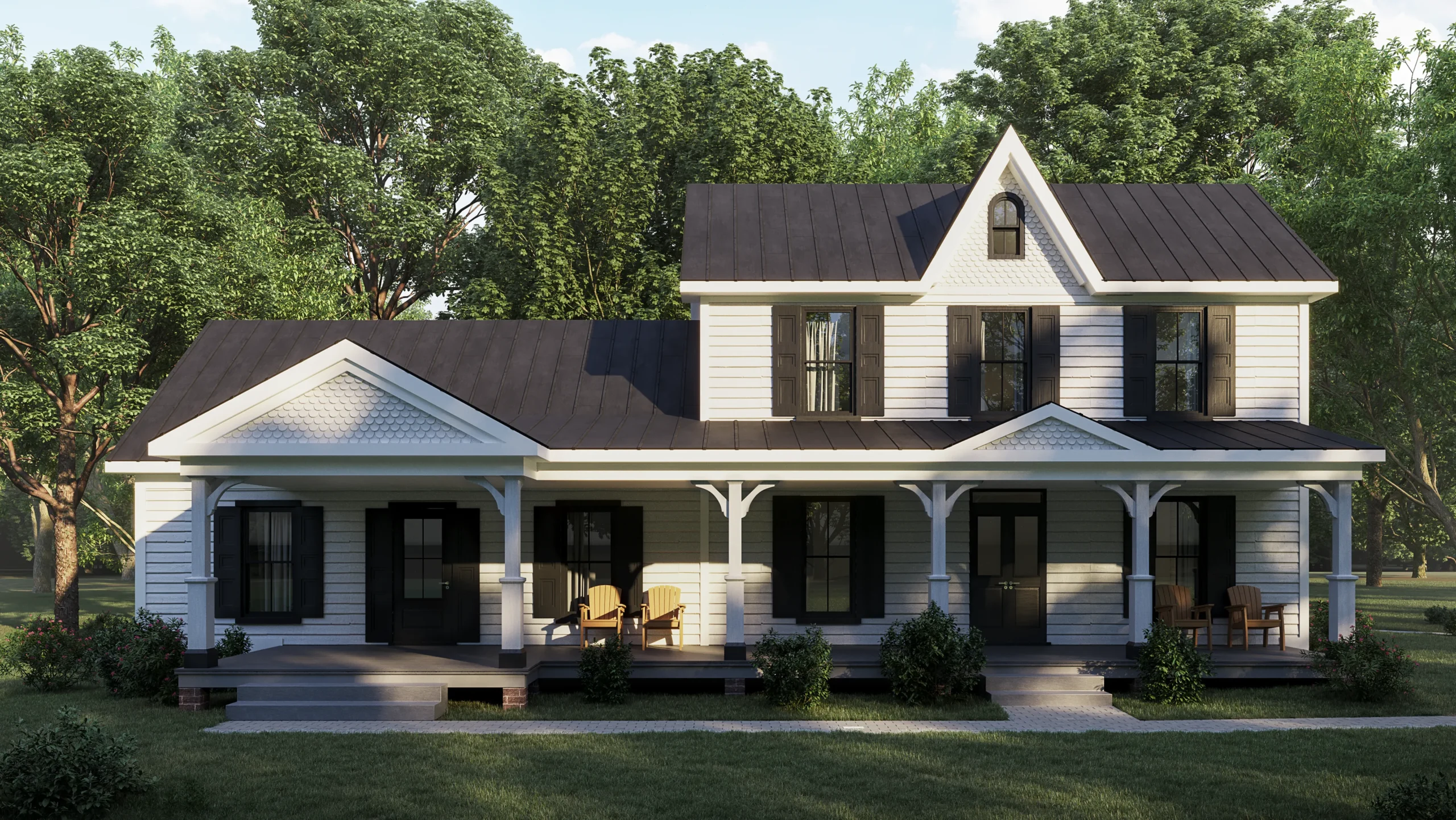This is an exterior rendering of the -MessiahCC Farmhouse Front View